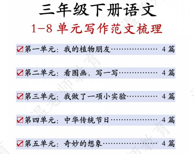 三年级下册语文1-8单元写作范文梳理（可下载打印）