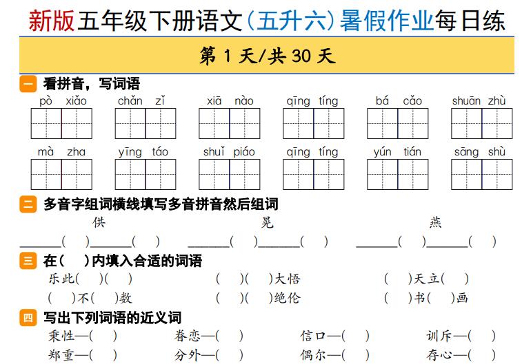 新版五年级下册语文(五升六)暑假作业每日练