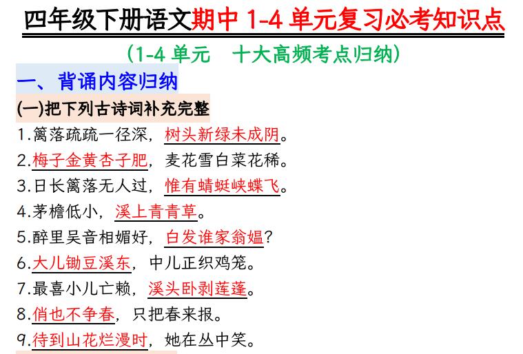 四年级下册语文期中1-4单元复习必考知识点11页