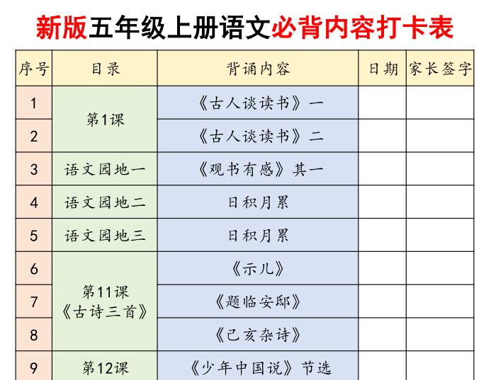2026新版五年级上册语文必背内容打卡表（可下载打印）