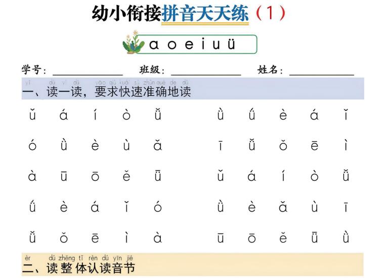 幼小衔接一上语文拼音天天练14天