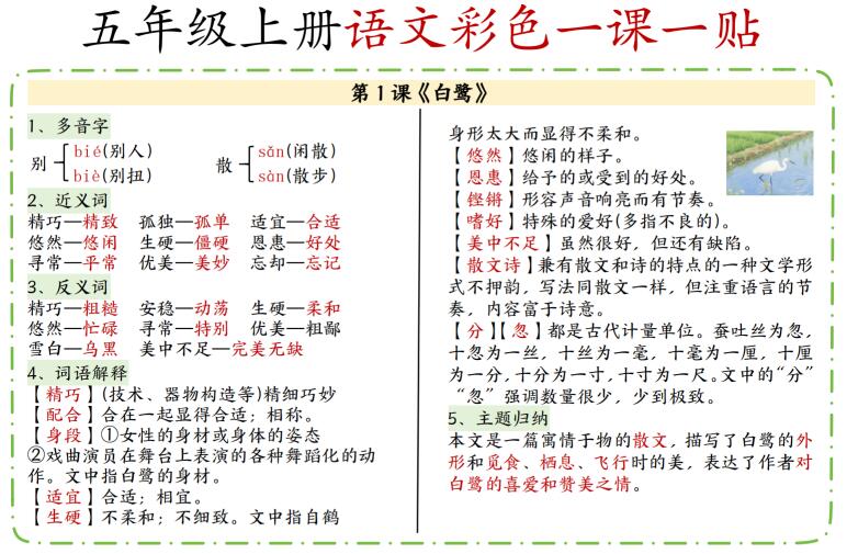五年级上册语文彩色一课一贴