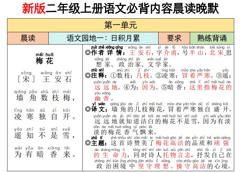 2026新版二年级上册语文必背内容晨读晚默