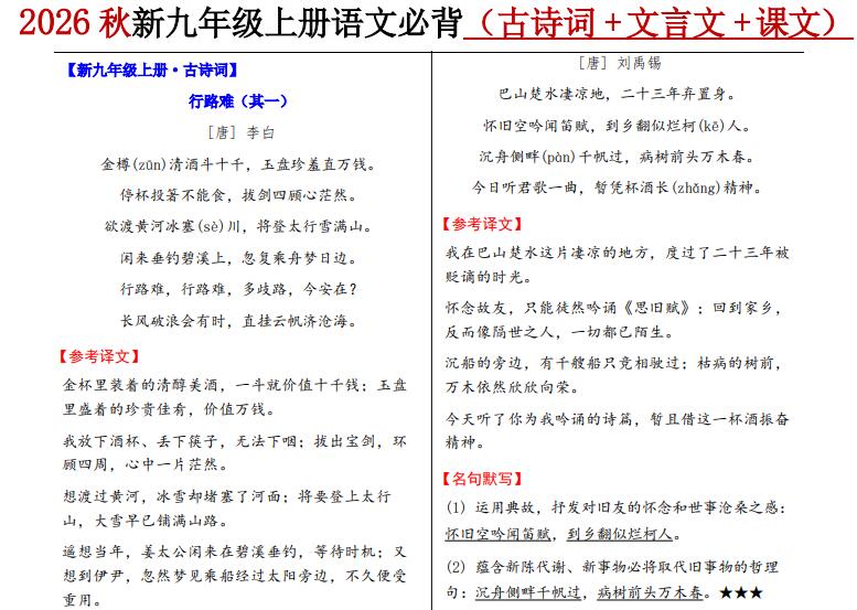 九年级上册语文必背古诗词+文言文+课文22页