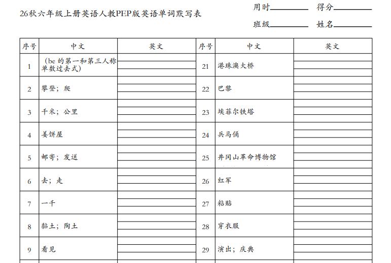 2026秋人教PEP版六年级上册英语单词默写表