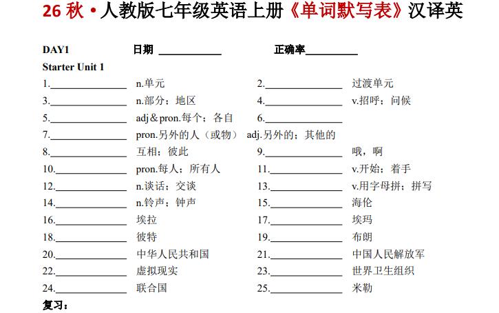 2026秋七年级英语上册《单词默写表》英汉互译